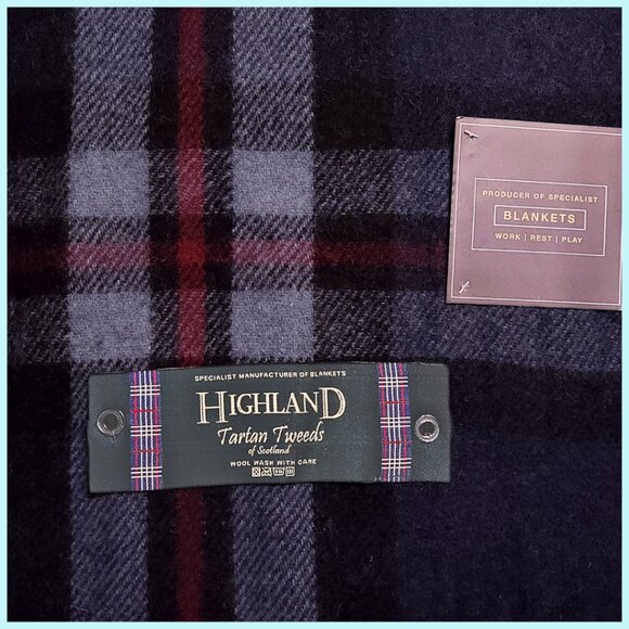 SCOTTISH IMPORT WOOL NWT THROW BLANKET Blue Grey Black Red Import Tomson Navy - Picture 2 of 11
